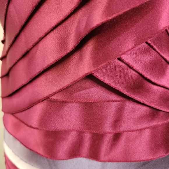 BCBG MAXAZRIA SATIN RUFFLE LAYERED HALTER DRESS SIZE 4 BURGUNDY GRAY BODYCON - Picture 9 of 13